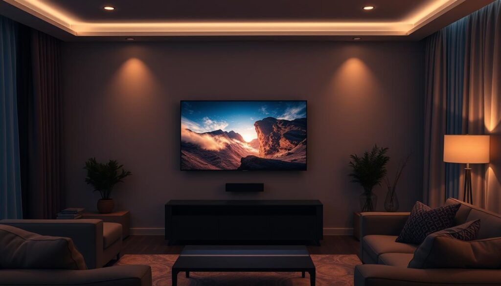 A cozy living room interior with a large flat-screen TV mounted on the wall, surrounded by sleek modern furniture. The room is dimly lit, creating a warm and inviting atmosphere, with soft ambient lighting filtering through sheer curtains. On the TV screen, a high-quality video stream plays seamlessly, with no visible buffering or interruptions. The viewer's gaze is drawn to the crisp, vibrant image, immersing them in the content. The overall scene conveys a sense of uninterrupted, immersive entertainment, perfectly encapsulating the concept of "unterbrechungsfreies streaming."