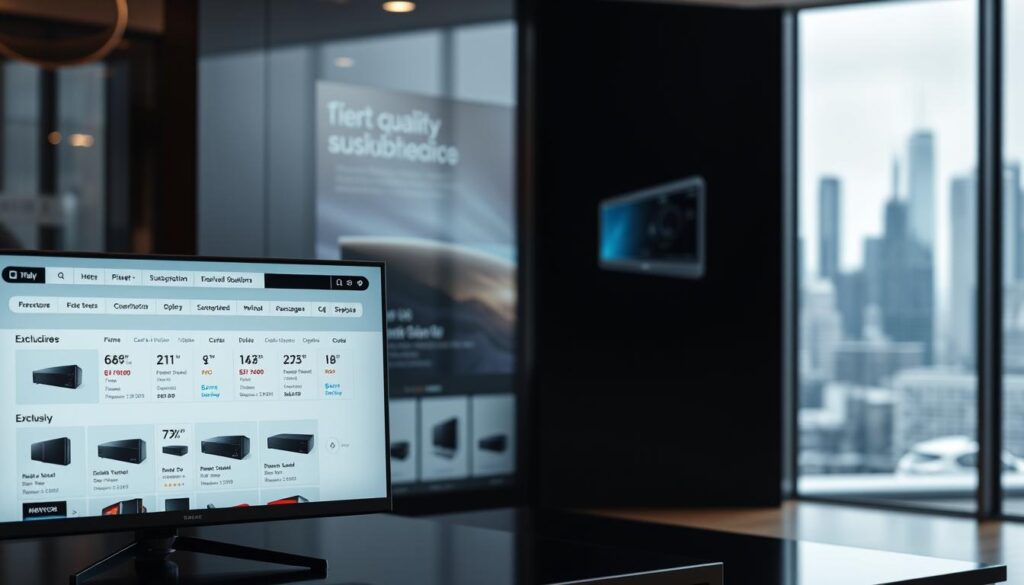 A high-end virtual storefront displaying exclusive IPTV reseller offers. In the foreground, a sophisticated web interface showcases various subscription plans and package details, presented with an air of exclusivity. The middle ground features sleek, minimalist product imagery accentuating the premium quality of the IPTV services. The background subtly implies a sense of digital luxury, with a soft, blurred cityscape or architectural elements conveying a refined, professional atmosphere. The lighting is clean and directional, creating depth and highlighting the key elements. The overall scene exudes a tone of quality, trust, and tailored solutions for discerning IPTV resellers.