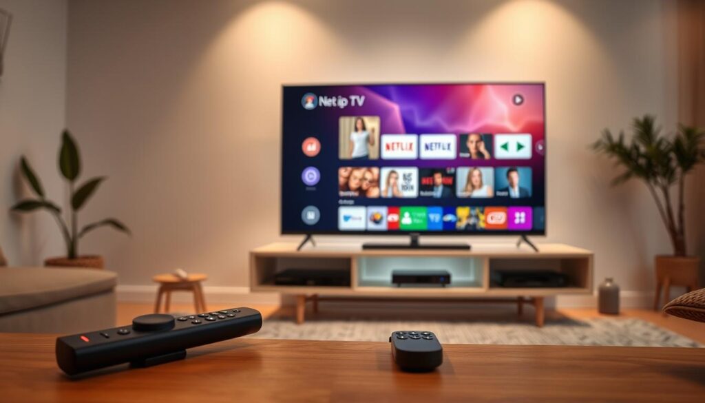 A modern home entertainment setup with a sleek, minimalist TV stand displaying a smart TV interface. The TV screen shows the Net ipTV user interface, with clean lines, intuitive menus, and vivid imagery. The setup is illuminated by soft, indirect lighting creating a cozy, inviting atmosphere. In the foreground, a wireless remote control and a smart home device, such as a voice assistant, suggest seamless integration and control. The middle ground features various connected devices like a streaming box or game console, hinting at the comprehensive entertainment options. The background showcases a warm, contemporary living room setting with neutral tones and natural elements, emphasizing the harmonious integration of technology into the home environment.