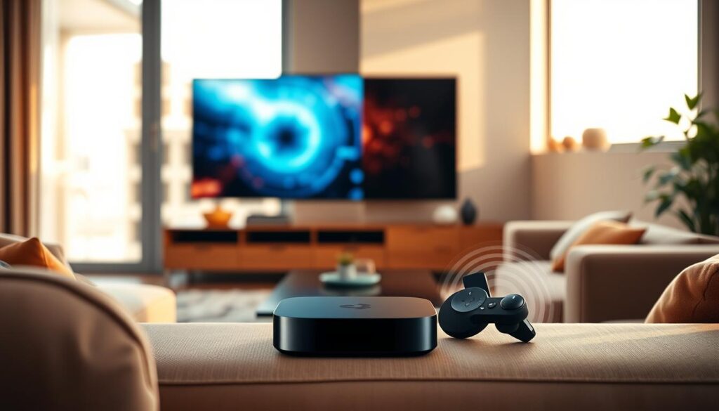 A modern living room setup showcasing a side-by-side comparison of a traditional television and a streaming media device. The foreground features the two devices prominently, with sleek, minimalist designs in complementary colors. The middle ground depicts a cozy seating area with plush furniture, creating a comfortable home entertainment environment. The background subtly hints at the digital world with a soft, ethereal glow radiating from the streaming device, symbolizing the technological advancement. Warm, natural lighting from large windows bathes the scene, instilling a sense of openness and accessibility. The overall mood is one of sophistication, innovation, and the seamless integration of traditional and emerging media platforms.