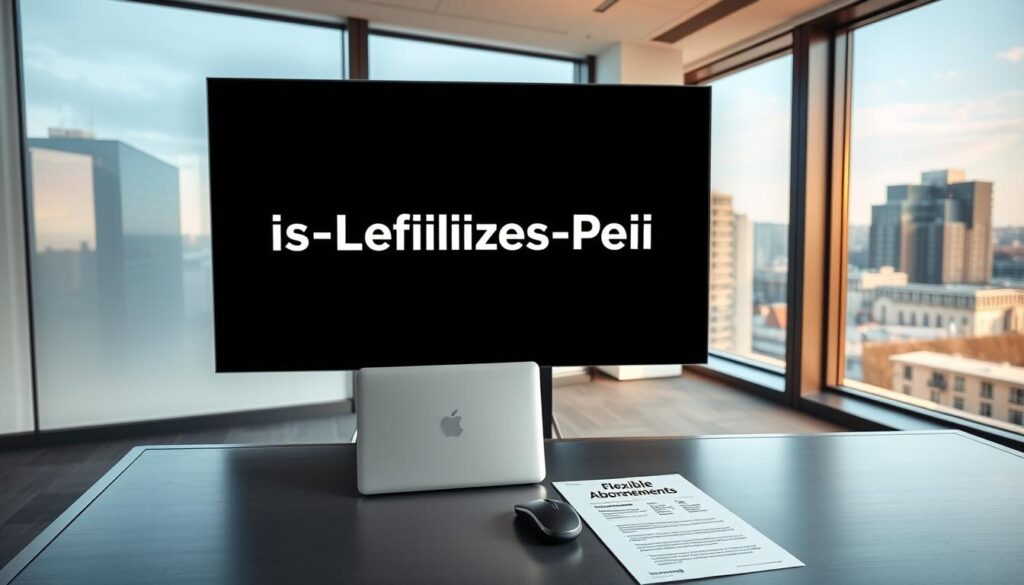 A modern office space with a sleek, minimalist design. The foreground features a large, high-resolution display showcasing the words "Preis-Leistungs-Verhältnis" in a bold, clean typeface. The middle ground has a metal desk with a laptop, wireless mouse, and a succinct document titled "Flexible Abonnements". The background has a large window overlooking a cityscape, flooding the room with warm, natural light. The overall atmosphere conveys a sense of efficiency, value, and digital sophistication.