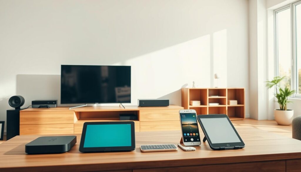 A modern, sleek home media center showcasing various compatible devices seamlessly connected. In the foreground, a high-end smart TV, game console, and streaming box are arranged on a minimalist wooden cabinet. In the middle ground, tablets and smartphones of different brands and operating systems are displayed, all connected and sharing content. The background features a clean, bright room with large windows, bathed in natural light that creates a warm, inviting atmosphere. The overall scene conveys the idea of a harmonious, cross-platform ecosystem where multiple devices work together effortlessly.