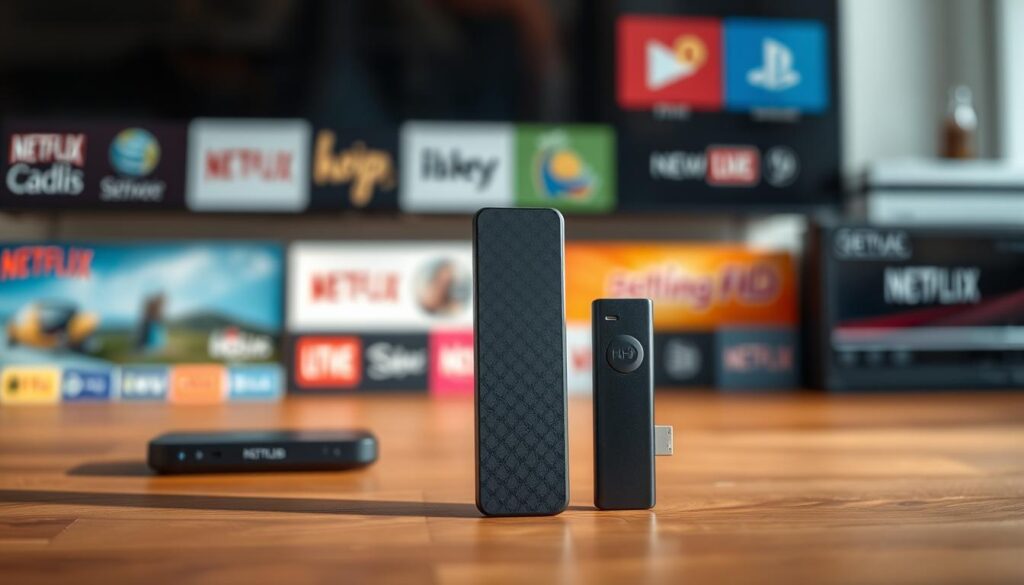 A sleek and modern HD+ TV-Stick standing prominently in the foreground, its minimalist design and high-tech appearance conveying its capabilities as a cutting-edge alternative to traditional cable TV. The device is positioned against a blurred background of various media streaming devices, highlighting its competitive edge. Warm, natural lighting casts a soft glow, emphasizing the device's premium quality. The overall composition and styling suggest a high-end, sophisticated media solution that can seamlessly integrate into any modern living space.