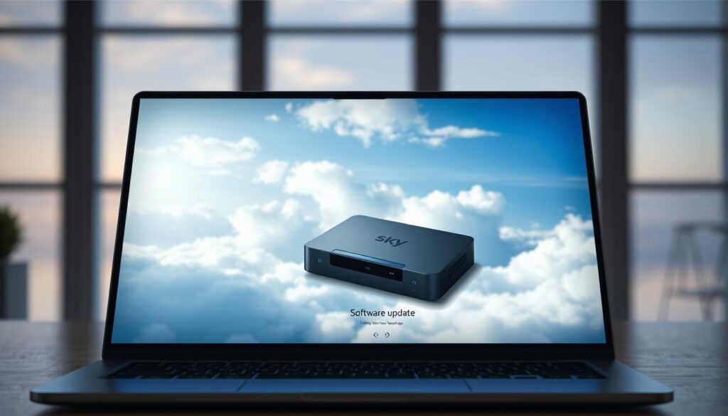 A sleek, modern Sky Stream Box software update interface displayed on a laptop screen, with a serene, cloud-filled sky visible through a large window in the background. The interface features minimalist design elements, clean typography, and intuitive navigation controls. Soft, directional lighting casts subtle shadows, creating depth and emphasizing the box's angular, refined aesthetic. The overall scene conveys a sense of technological progress and seamless home entertainment, complementing the "Häufige Probleme und Lösungen" section of the article.