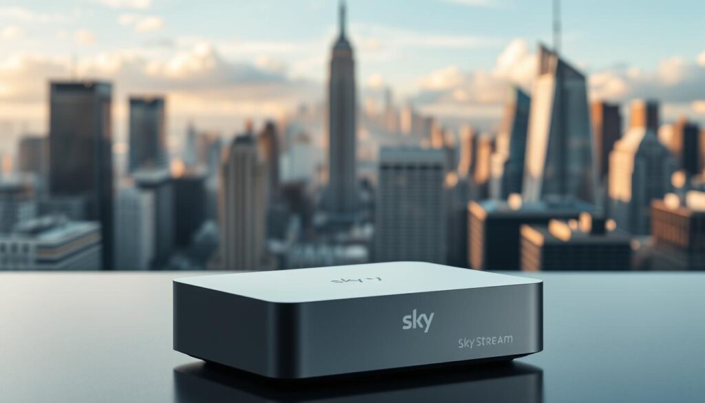 A sleek, modern Sky Stream Box standing prominently in the foreground, its clean lines and minimalist design accentuated by crisp studio lighting. The device is placed on a smooth, reflective surface, creating a sense of depth and elegance. In the middle ground, a blurred cityscape of high-rise buildings and bustling city life suggests the box's mobile connectivity and versatility. The background is a serene, cloud-filled sky, hinting at the seamless integration of the device with the digital world. The overall atmosphere conveys a sense of sophisticated technology, urban sophistication, and the convenience of on-the-go media streaming.