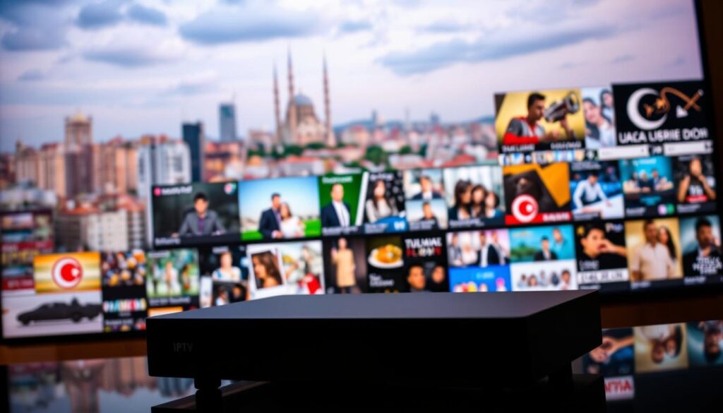 A vibrant and diverse landscape of Turkish IPTV channels, filling the screen with a rich tapestry of entertainment. In the foreground, a sleek and modern IPTV set-top box, its clean lines and minimalist design complementing the vibrant colors and varied content on the display. The middle ground features a collage of popular Turkish TV shows, news programs, and live sports events, each with their own distinct visual identity. In the background, a cityscape of Istanbul skyline, with its iconic architecture and bustling energy, setting the stage for the immersive IPTV experience. The lighting is warm and inviting, creating a sense of comfort and familiarity, while the sharp, cinematic angle and crisp focus draw the viewer's attention to the array of content and the ease of access offered by Turkish IPTV.