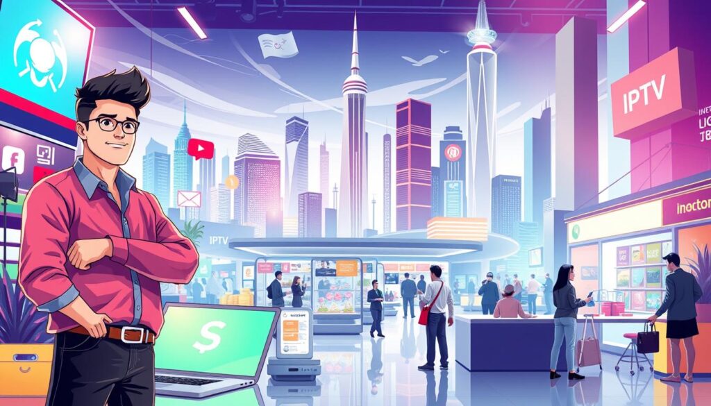 A vibrant and modern IPTV reselling business scene, captured in a digital illustration. In the foreground, a confident IPTV reseller stands amid various digital marketing tools and strategies, such as a laptop, mobile phone, and social media icons. The middle ground features a bustling marketplace with potential customers browsing IPTV packages and services. In the background, a sleek cityscape with towering skyscrapers and a futuristic, tech-infused atmosphere sets the stage. Bright, saturated colors, dynamic lighting, and a sense of energy and opportunity convey the potential of the IPTV reselling industry.