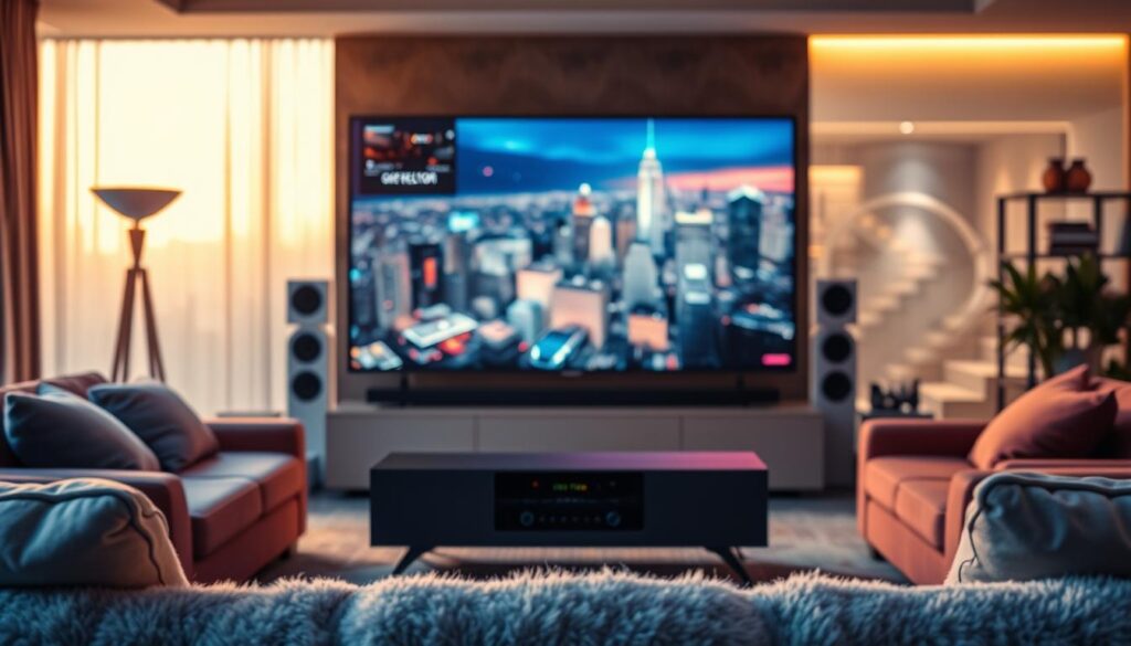 A vibrant, cinematic scene depicting the endless possibilities of film and TV streaming. In the foreground, a sleek, modern media center, surrounded by a cozy living room setting with plush, comfortable furniture. Soft, warm lighting illuminates the space, creating a welcoming atmosphere. In the middle ground, a large, high-definition screen displays a captivating movie or TV show, immersing the viewer in a world of entertainment. The background features a blurred, cityscape view, symbolizing the boundless access to a vast, global library of content. The overall mood is one of relaxation, excitement, and the freedom to explore an unlimited universe of cinematic experiences.
