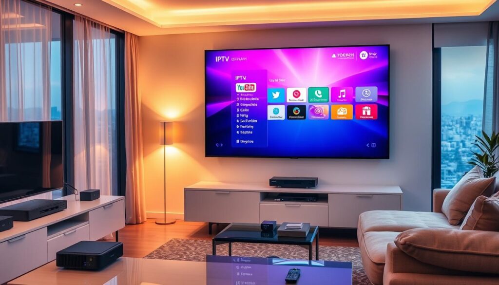 A well-lit, modern living room interior with a large flatscreen TV mounted on the wall. The TV displays a vibrant, high-definition IPTV interface with a Turkish language menu. In the foreground, a sleek, minimalist entertainment center houses a streaming device and various networking equipment. The middle ground features a comfortable couch and coffee table, with a side table holding a remote control. Warm, indirect lighting creates a cozy, inviting atmosphere. The background showcases large windows overlooking a cityscape, with the sun's rays filtering through sheer curtains. The overall scene conveys the seamless integration of IPTV technology into a contemporary Turkish home setup.