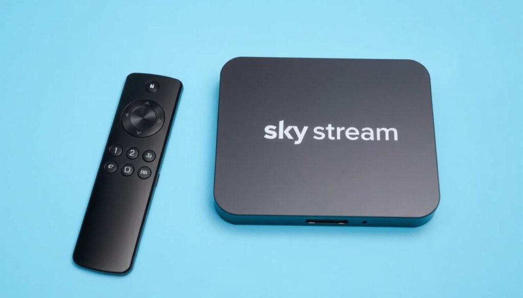Ein Bild der Sky Stream Box mit Fernbedienung