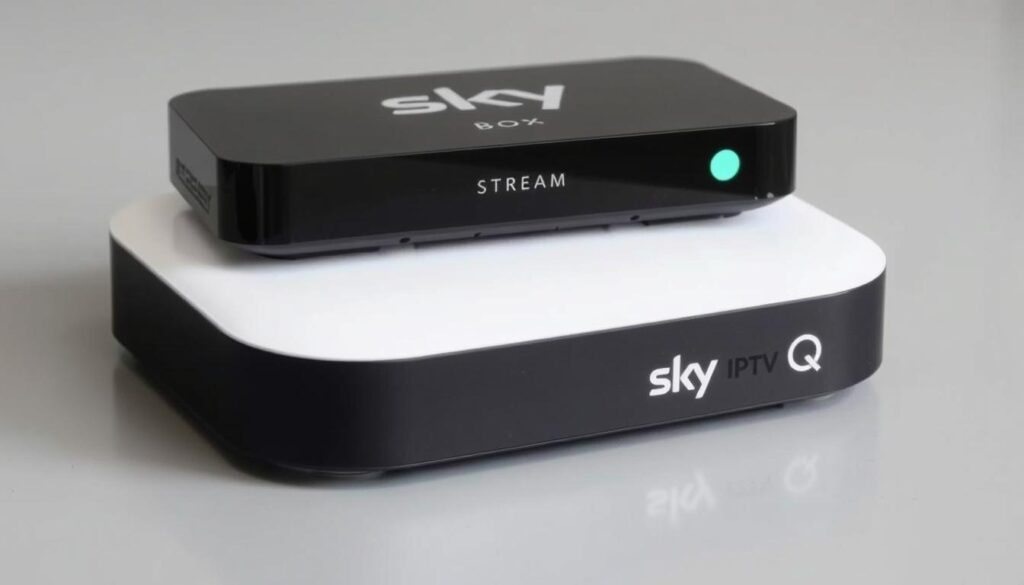 Ein Bild von der Sky Stream Box und der Sky Q IPTV Box nebeneinander.