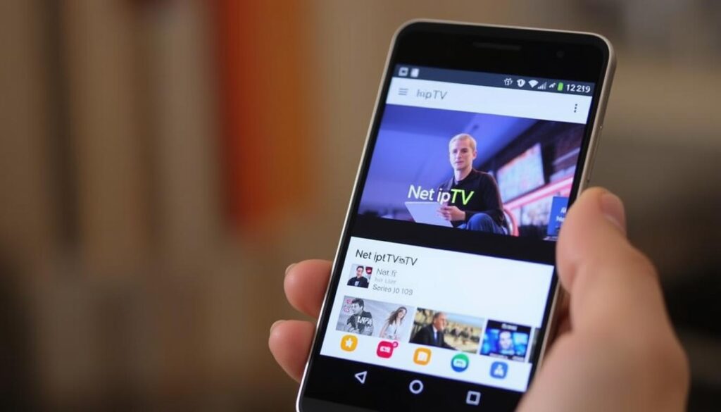 Ein Bild von einem Android-Smartphone mit der Net ipTV App auf dem Bildschirm.