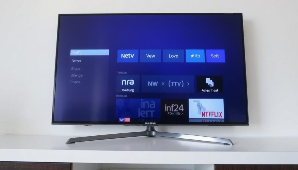 Ein Bild von einem Samsung Smart TV mit der Net ipTV App auf dem Bildschirm.
