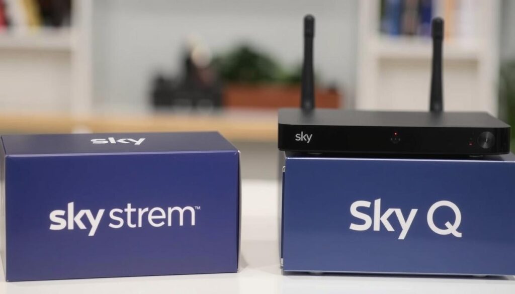 Eine Abbildung, die die Sky Stream Box und den Sky Q Receiver nebeneinander zeigt.