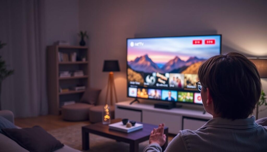 Generiere ein Bild von einer Person, die Net ipTV auf ihrem Smart TV benutzt.