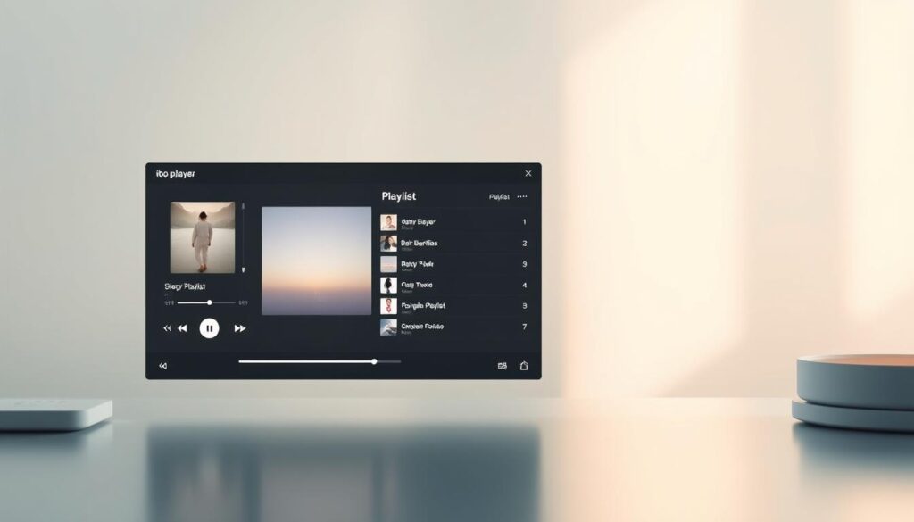 A beautifully crafted ibo player playlist interface, showcasing a minimalist design with a serene, calming atmosphere. The foreground features a clean and intuitive user interface, with a central playlist display surrounded by playback controls and a volume slider. The middle ground includes neatly arranged playlist categories and options, allowing for seamless organization and curation. In the background, a soft, blurred gradient sets the mood, creating a sense of depth and tranquility. Subtle lighting casts a warm, inviting glow, highlighting the playlist's content and functionality. The overall composition conveys a user-friendly and visually appealing experience, perfectly suited for the article's section on "Inhalte und Funktionen der ibo player playlist".