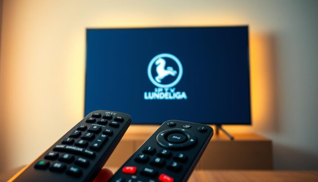 A captivating image of "IPTV Bundesliga" in a modern, minimalist style. The foreground showcases a sleek, high-tech IPTV remote control, its buttons and interface reflecting a sophisticated digital landscape. In the middle ground, a 4K television screen displays the Bundesliga logo, surrounded by a clean, geometric design that evokes the dynamic nature of live sports broadcasting. The background features a subtle gradient, lending a sense of depth and emphasizing the cutting-edge technology at the heart of IPTV Bundesliga. Soft, diffused lighting casts a warm, inviting glow, creating an atmosphere of immersive entertainment. The overall composition strikes a balance between form and function, reflecting the seamless integration of modern IPTV with the beloved Bundesliga experience.