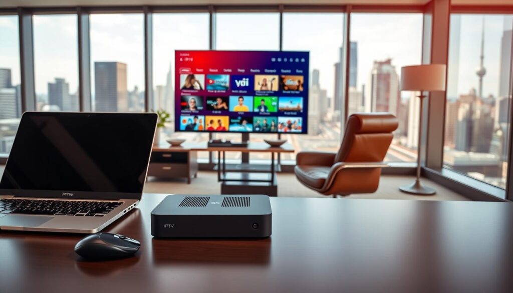 A clean, modern office interior with floor-to-ceiling windows overlooking a cityscape. In the foreground, a desk with a laptop, a wireless mouse, and a sleek IPTV set-top box. The box has a minimalist design with subtle branding. The middle ground features a comfortable leather chair and a large monitor displaying a user interface for an IPTV service, showcasing a diverse selection of channels and on-demand content. The background depicts the vibrant urban landscape, with skyscrapers and bustling streets. The lighting is natural, with a warm, professional atmosphere.
