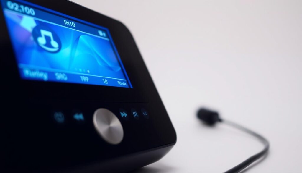 A close-up view of an ibo media player device, its sleek black and silver design highlighted by soft, directional lighting. The player's intuitive touch controls and high-resolution display are prominently featured, conveying its user-friendly interface. The background is a simple, minimalist studio setting, allowing the device to be the central focus. The overall mood is one of modern, sophisticated technology ready to enhance the listener's music experience.