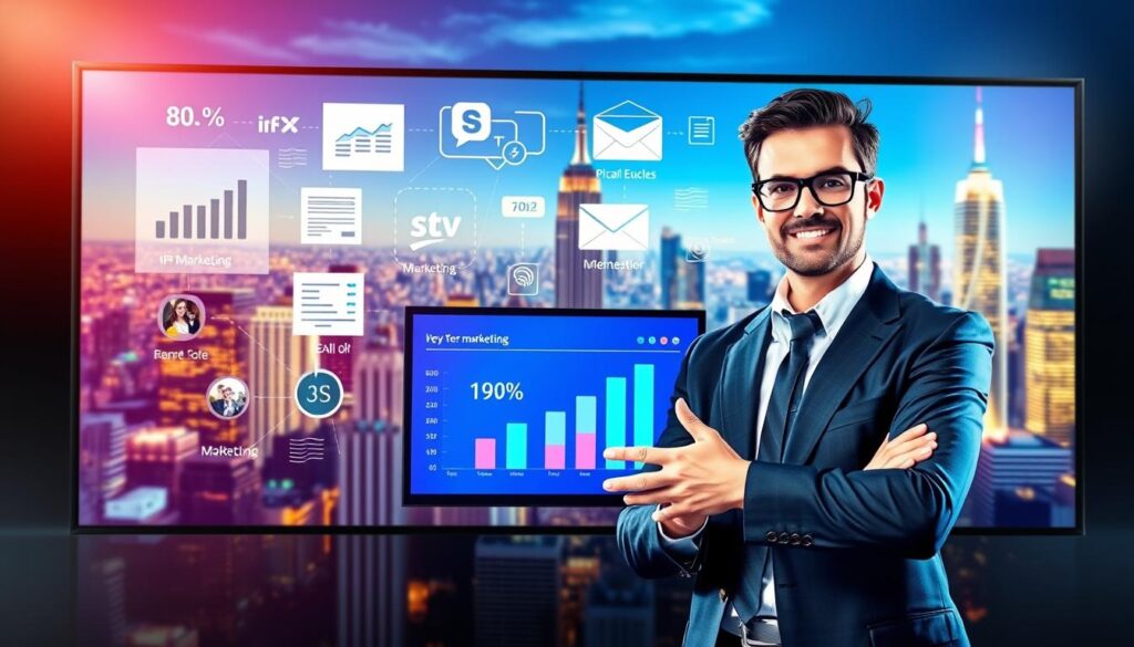 A colorful and dynamic digital illustration showcasing the key marketing strategies for IPTV resellers. In the foreground, a savvy business person is presenting a digital dashboard, highlighting metrics and insights. In the middle ground, various marketing tactics are illustrated, such as social media campaigns, email marketing, and search engine optimization. The background features a vibrant cityscape, symbolizing the global reach of the IPTV reseller industry. The lighting is bright and modern, creating a sense of energy and professionalism. The overall composition conveys the strategic and multifaceted nature of IPTV reseller marketing.