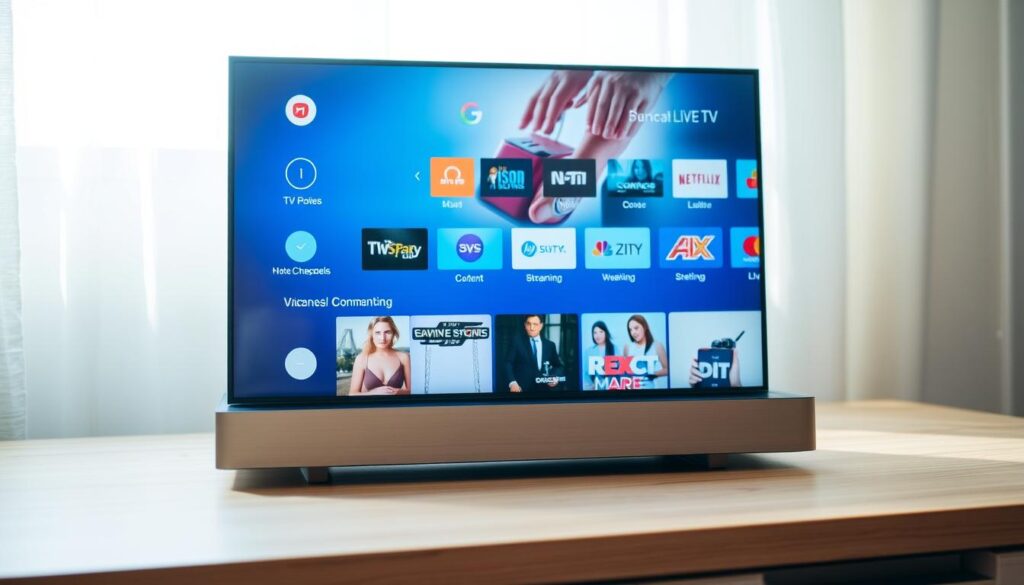 A contemporary IPTV service displayed on a sleek, minimalist device. The screen shows a diverse selection of live TV channels, on-demand content, and streaming options. The device has a clean, brushed metal finish and sits atop a modern, wooden desk. Soft, diffused lighting from a nearby window creates a warm, inviting atmosphere. The composition emphasizes the convenience and versatility of IPTV, showcasing its ability to provide a comprehensive entertainment experience in a compact, elegant form factor.
