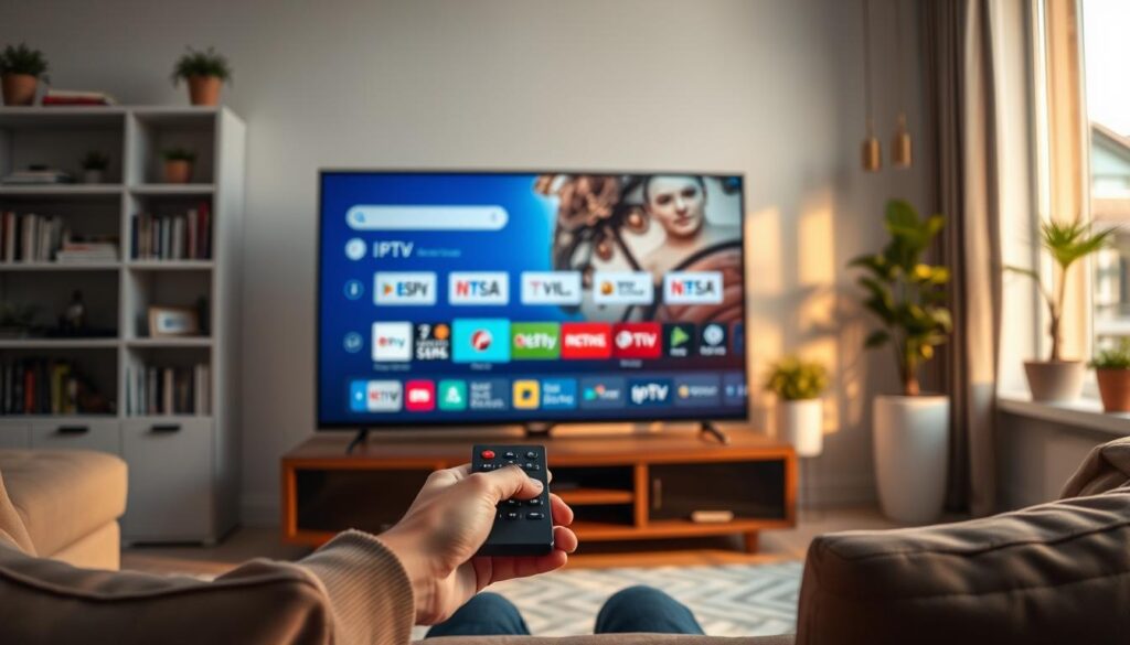 A cozy living room setup, with a sleek smart TV taking center stage. The screen displays a crisp, high-definition IPTV interface, navigated by a user's hands interacting with a minimalist remote control. Soft lighting casts a warm glow, setting a relaxed atmosphere. In the background, bookshelves and potted plants add a touch of sophistication, while the large window allows natural light to filter in, creating a sense of openness. The overall scene conveys the ease and convenience of setting up IPTV on a smart TV, ready to immerse the viewer in their favorite content.