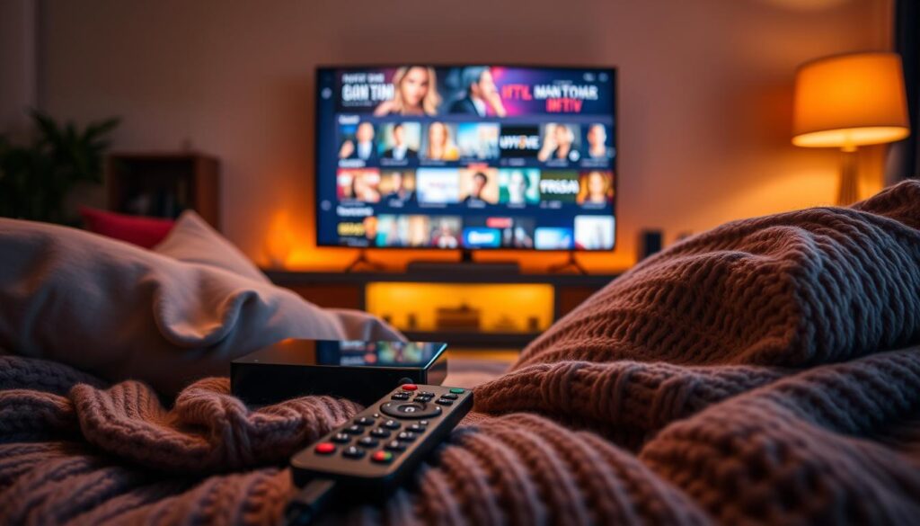 A cozy living room, the soft glow of a flatscreen TV illuminating an IPTV streaming device nestled among plush pillows and a knitted blanket. Crisp, high-definition content displays a diverse array of channels and on-demand entertainment, offering a seamless, immersive viewing experience. In the foreground, a sleek remote control, a symbol of the convenience and control IPTV provides. The room is bathed in warm, ambient lighting, creating a sense of comfort and relaxation, inviting the viewer to settle in and enjoy the wealth of content at their fingertips. The scene conveys the allure of IPTV subscriptions - a versatile, accessible, and captivating way to elevate one's streaming experience.