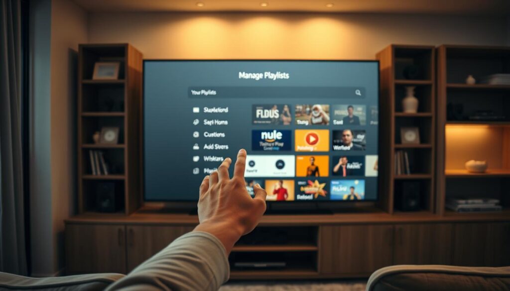 A cozy, well-organized home media center, with a sleek, minimalist IPTV app interface displayed on a large flatscreen TV. The screen shows a clean, intuitive "Manage Playlists" menu, with simple icons and controls. Soft, warm lighting illuminates the room, creating a inviting, relaxing atmosphere. The TV is surrounded by modern shelving and decor, conveying a sense of elegance and functionality. A person's hand casually interacts with the app, seamlessly navigating the playlist management features. The overall scene portrays the ease and convenience of using an IPTV app at home.