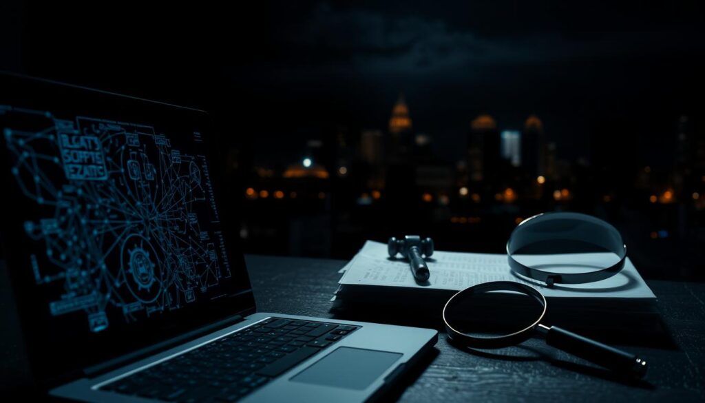A dark, moody scene depicting the legal aspects and security concerns surrounding IPTV. In the foreground, a laptop displays a complex network diagram, hinting at the technical intricacies involved. The middle ground features a stack of legal documents and a magnifying glass, symbolizing the regulatory scrutiny. In the background, a dimly lit cityscape with ominous shadows casts an air of unease. Dramatic lighting creates a sense of tension, with highlights and shadows emphasizing the gravity of the subject matter. The overall composition conveys the weight and complexity of the legal and security considerations surrounding IPTV.
