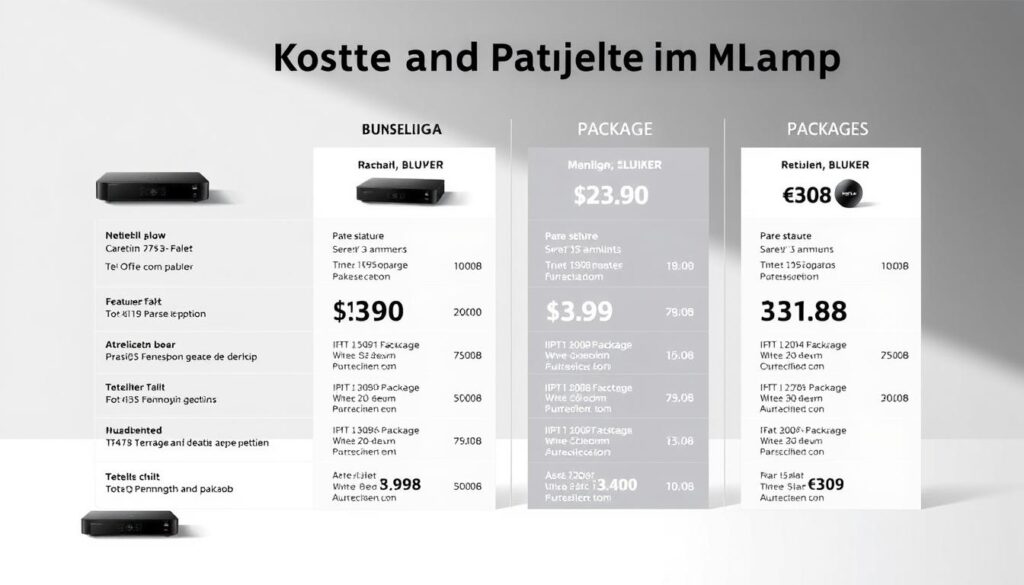 A detailed comparison of IPTV Bundesliga packages and their associated costs, set against a sleek, minimalist background. Crisp, high-resolution images of various streaming devices and subscription plans, showcasing their features and pricing in a clean, infographic-style layout. Subtle highlights and shadows emphasize the key details, creating a visually appealing and informative illustration that captures the essence of the "Kosten und Pakete im Vergleich" section. The composition should convey a sense of professionalism and data-driven analysis, inviting the reader to explore the options for live Bundesliga coverage.