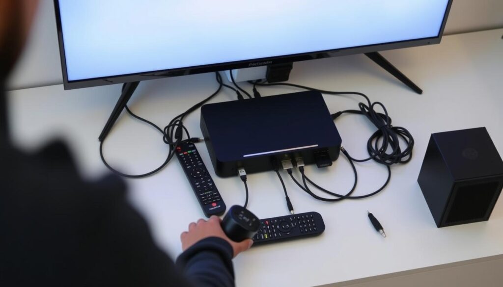 A detailed, step-by-step IPTV device installation guide. A well-lit, high-angle view of a modern television set with a streaming media player or set-top box connected, surrounded by remote controls, cables, and other installation accessories. The scene conveys a sense of technical expertise and user-friendliness, with a clean, minimalist aesthetic. The lighting is soft and diffused, highlighting the sleek design of the devices. The background is slightly blurred, keeping the focus on the foreground installation process.