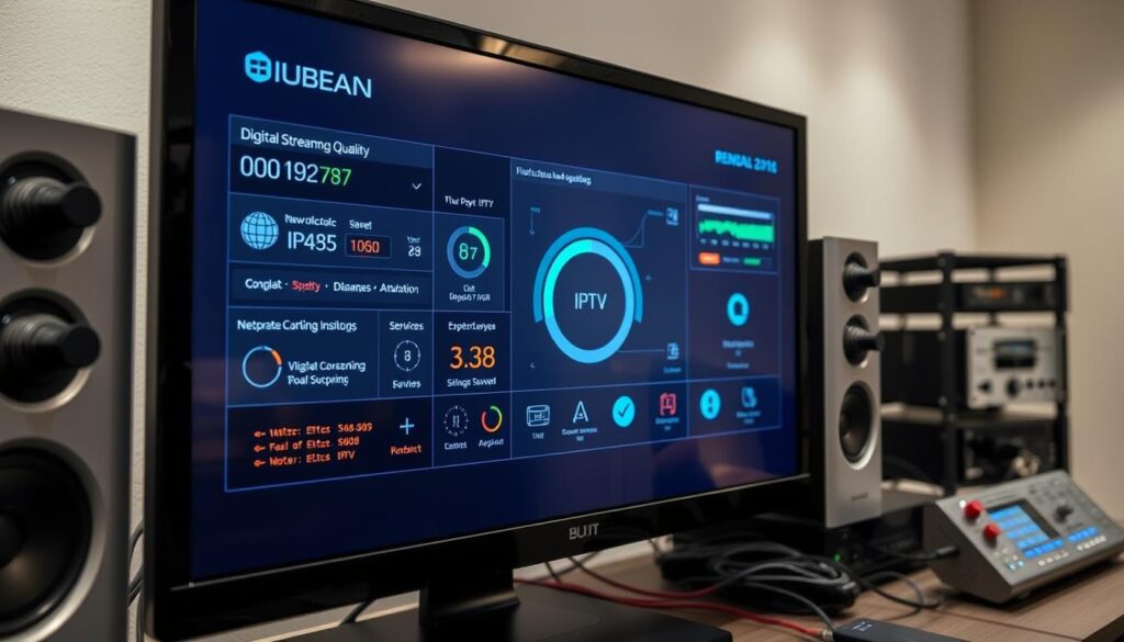 A detailed, well-lit close-up of a computer monitor displaying an IPTV service interface, with various digital streaming quality indicators and network status information prominently featured. The screen is surrounded by a sleek, modern electronics setup, with high-end audio equipment, cables, and devices visible in the background, creating a sense of a professional, technology-focused environment. The lighting is soft and even, highlighting the crispness of the display and the clarity of the data visualizations. The overall mood is one of precision, functionality, and technological sophistication.