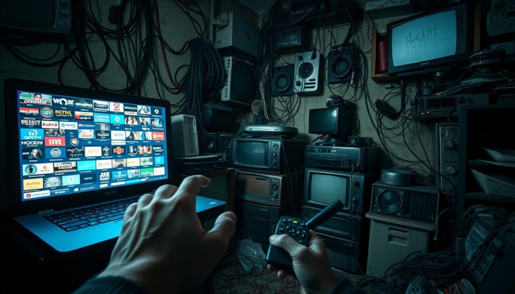 A dimly lit, cluttered room showcases the seedy underbelly of illegal IPTV offerings. Tangled cables, outdated hardware, and sketchy-looking devices hint at the shady nature of these "free" streaming services. In the foreground, a laptop screen displays a confusing array of channels, while a hand reaches for a remote, symbolizing the temptation to access this illicit content. The room's atmosphere is gritty, with heavy shadows and a sense of unease, conveying the risks and legal consequences of engaging with such unauthorized platforms. A cautionary tale, this image serves as a stark warning against the dangers of these "too good to be true" IPTV options.