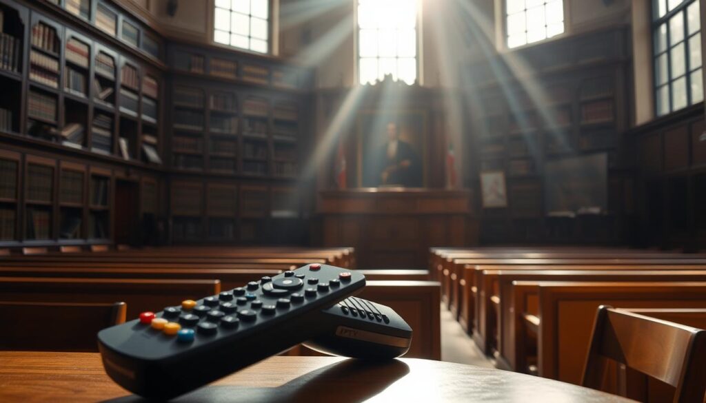 A dimly lit courtroom interior, with wooden benches and a raised judge's dais. Sunlight streams through tall windows, casting soft shadows across the room. In the foreground, a large IPTV remote control sits prominently on a desk, symbolizing the legal debate surrounding its usage. Behind it, a bookshelf filled with law tomes and legal documents hints at the complex regulatory landscape. The atmosphere is one of contemplation and uncertainty, as the viewer ponders the nuanced legal status of IPTV services in Germany.