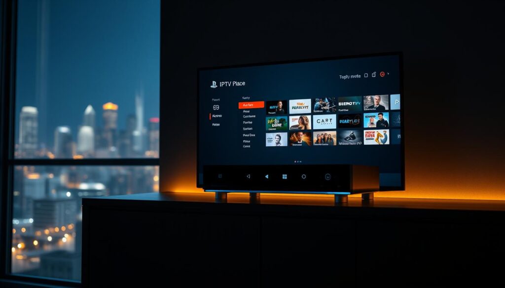 A dimly lit room with a sleek, modern IPTV player prominently displayed on a dark wooden cabinet. The player's interface is illuminated by a soft glow, casting a warm, inviting atmosphere. The screen displays a menu with various streaming options, hinting at the vast content library available. In the background, a high-resolution cityscape with twinkling lights in the distance, evoking a sense of urban connectivity. The overall scene conveys the ease and convenience of setting up and using a cutting-edge IPTV service, perfect for the modern home entertainment experience.