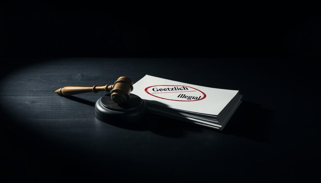 A high-contrast still life scene depicting the legality of IPTV in Germany. On a dark wooden table, an old gavel and a stack of legal documents are illuminated by a single spotlight, casting dramatic shadows. The documents have a stamp that reads &amp;amp;quot;Gesetzlich&amp;amp;quot; (legal) and &amp;amp;quot;Illegal&amp;amp;quot; (illegal), symbolizing the ambiguous legal status of IPTV services. The moody lighting and minimal composition create a pensive, contemplative atmosphere, reflecting the complex legal landscape surrounding IPTV in the country.