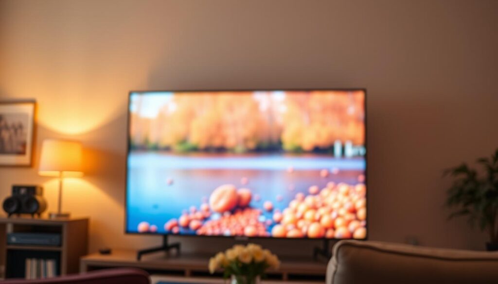 A high-quality IPTV image with a sharp, detailed display showing a vibrant, clear picture on a modern television screen. The image is bathed in warm, soft lighting, creating a cozy, inviting atmosphere. The TV is positioned prominently in the foreground, with a minimalist, sleek design that complements the decor of a modern living room. The background depicts a subtle, out-of-focus domestic setting, hinting at the everyday utility of IPTV in a home environment. The overall composition conveys a sense of technological sophistication and visual harmony, perfectly capturing the essence of "IPTV Bildqualität optimieren".