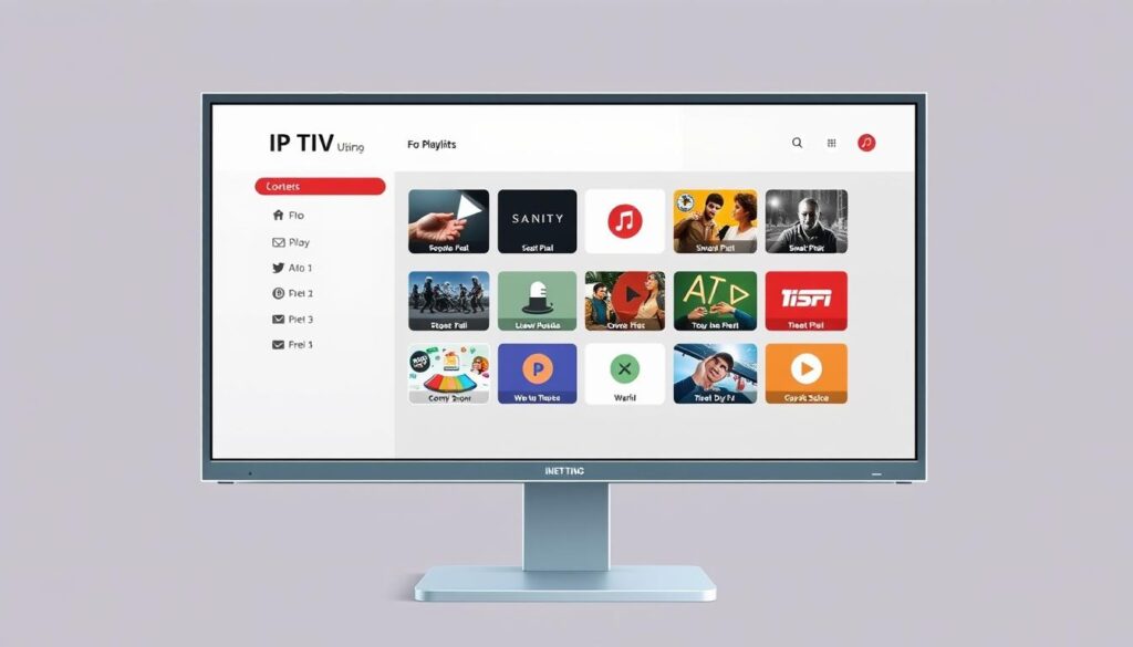 A high-quality digital illustration of a computer or smart TV screen displaying a sleek and modern user interface for browsing and selecting IPTV playlists. The screen shows a grid of thumbnails representing various IPTV channels and services, with clear labeling and intuitive controls. The interface has a clean, minimalist aesthetic with a neutral color palette, strong typography, and subtle gradients or textures. The overall scene conveys a sense of simplicity, accessibility, and the ability to easily find and access free IPTV content.