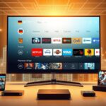 A high-quality digital illustration of an IPTV provider service, showcasing a sleek and modern user interface. The foreground features a smart TV screen displaying a selection of popular German television channels, with a clean and intuitive layout. The middle ground showcases various digital devices such as smartphones, tablets, and streaming boxes, all connected to the IPTV service. The background depicts a sophisticated technological landscape, with glowing digital components and a subtle grid pattern, conveying a sense of advanced connectivity and cutting-edge technology. The overall scene is bathed in a warm, soft lighting that creates a welcoming and inviting atmosphere, reflecting the reliable and user-friendly nature of the IPTV provider.