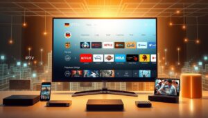 A high-quality digital illustration of an IPTV provider service, showcasing a sleek and modern user interface. The foreground features a smart TV screen displaying a selection of popular German television channels, with a clean and intuitive layout. The middle ground showcases various digital devices such as smartphones, tablets, and streaming boxes, all connected to the IPTV service. The background depicts a sophisticated technological landscape, with glowing digital components and a subtle grid pattern, conveying a sense of advanced connectivity and cutting-edge technology. The overall scene is bathed in a warm, soft lighting that creates a welcoming and inviting atmosphere, reflecting the reliable and user-friendly nature of the IPTV provider.