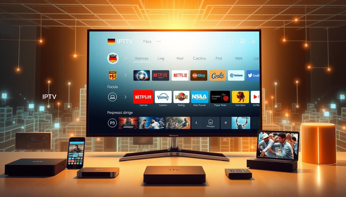 A high-quality digital illustration of an IPTV provider service, showcasing a sleek and modern user interface. The foreground features a smart TV screen displaying a selection of popular German television channels, with a clean and intuitive layout. The middle ground showcases various digital devices such as smartphones, tablets, and streaming boxes, all connected to the IPTV service. The background depicts a sophisticated technological landscape, with glowing digital components and a subtle grid pattern, conveying a sense of advanced connectivity and cutting-edge technology. The overall scene is bathed in a warm, soft lighting that creates a welcoming and inviting atmosphere, reflecting the reliable and user-friendly nature of the IPTV provider.