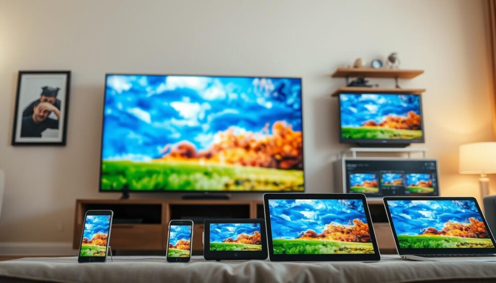 A high-quality interior scene depicting various devices connected to an IPTV service. In the foreground, a modern television set is the central focus, showcasing a vivid, high-definition image. Surrounding it are a range of other devices, such as a smartphone, tablet, and laptop, all seamlessly integrated and displaying the same IPTV content. The lighting is soft and natural, creating a warm and inviting atmosphere. The overall scene conveys the ease and versatility of IPTV, allowing users to enjoy their favorite programming on a variety of devices throughout their home.
