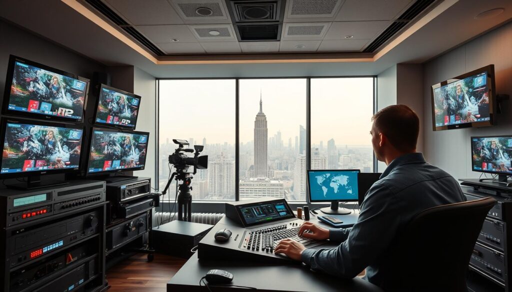 A high-quality, professional-looking image depicting an IPTV sender from Germany. The scene shows a studio control room with state-of-the-art broadcasting equipment, including multiple HD displays, mixing consoles, and broadcasting cameras. The room is well-lit with a combination of soft, indirect lighting and focused task lighting, creating an atmosphere of technical professionalism. The foreground features an operator sitting at a control console, intently monitoring the multiple video and audio feeds. The middle ground shows various equipment racks, blinking indicator lights, and wires neatly organized. The background reveals a large window overlooking a modern city skyline, emphasizing the global reach of the IPTV service. The overall mood conveys a sense of technological sophistication, precision, and the delivery of high-quality content to viewers around the world.