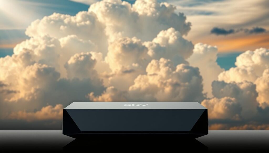 A high-quality, sleekly designed Sky Stream Box against a backdrop of a vibrant, cloud-filled sky. The device is centered, its modern, angular lines and glossy black finish catching the soft, diffused light. The scene is captured with a shallow depth of field, drawing the viewer's focus to the device's elegant form. Subtle lens flare and a warm, cinematic color palette evoke a sense of premium quality and technological sophistication. The sky above is a breathtaking display of billowing cumulus formations, their shapes and shadows casting an ever-changing play of light across the scene. The overall impression is one of a cutting-edge, premium IPTV product poised to deliver an exceptional viewing experience.