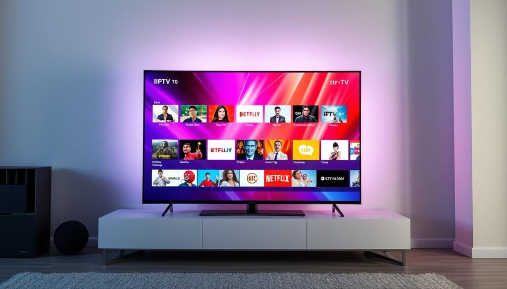 A high-quality, vibrant IPTV setup displayed on a modern television screen. The image presents a clean, minimalist aesthetic with a focus on the TV and its crisp, vivid visuals. The screen showcases a diverse array of content channels, highlighting the breadth and depth of the IPTV service. Soft, directional lighting illuminates the scene, creating a warm, inviting atmosphere. The television is positioned in a sleek, contemporary entertainment unit, suggesting a high-end, sophisticated home media setup. The overall composition emphasizes the premium quality and performance of the IPTV solution, visually conveying the reliability and value it offers.
