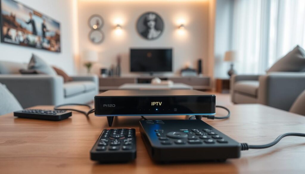 A high-quality wide-angle shot of an IPTV media streamer device placed on a wooden table, with a modern and minimalist living room setting in the background. The IPTV device has a sleek, rectangular shape with a glowing LED indicator, surrounded by a few remote controls and cables. The lighting is soft and warm, creating a cozy and inviting atmosphere. The framing showcases the simplicity and convenience of setting up an IPTV service, highlighting its integration into a contemporary home environment.