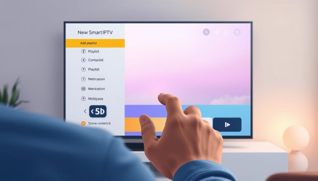 A high-resolution, detailed illustration of a person adding a new IPTV playlist to a smart TV interface. The foreground shows a person's hands interacting with an on-screen menu, highlighting options to add, edit, and manage playlists. The middle ground depicts the smart TV display with a clean, minimalist user interface featuring intuitive playlist controls. The background suggests a modern, well-lit living room setting with subtle, warm lighting. The overall mood is one of simplicity, user-friendliness, and technological sophistication, reflecting the "smart" nature of the IPTV experience.