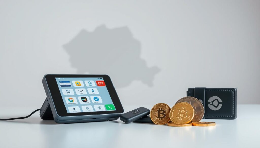 A high-resolution image depicting various payment methods for Romania IPTV services. In the foreground, a sleek, modern payment terminal displays a selection of credit card, mobile payment, and online banking icons. In the middle ground, digital wallets, cryptocurrency coins, and other digital payment options are artfully arranged. The background features a stylized map of Romania, suggesting the geographic context. The overall aesthetic is clean, minimalist, and evocative of the technology and convenience associated with modern IPTV subscriptions. Lighting is soft and diffused, creating a sense of professionalism and trust. The composition is balanced and visually appealing, drawing the viewer's attention to the key payment methods.