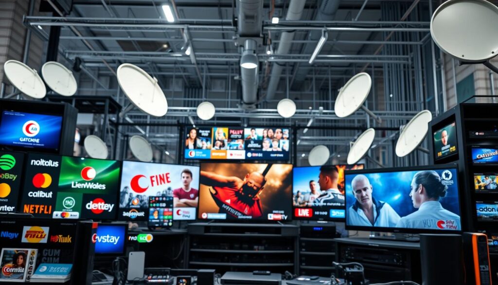 A lively scene of various satellite TV channels and on-demand streaming services, presented against a backdrop of sleek modern technology. In the foreground, a dynamic arrangement of colorful channel logos and interface icons, hinting at the wealth of entertainment options available. The middle ground features a collection of high-definition screens displaying a diverse range of captivating content, from live sports to cutting-edge documentaries. In the background, a sophisticated network of servers, cables, and satellite dishes, conveying the advanced infrastructure that powers this digital entertainment ecosystem. The lighting is crisp and bright, emphasizing the clarity and vibrancy of the visual elements. The overall composition suggests a sense of technological prowess, consumer choice, and the seamless integration of digital media into modern living.