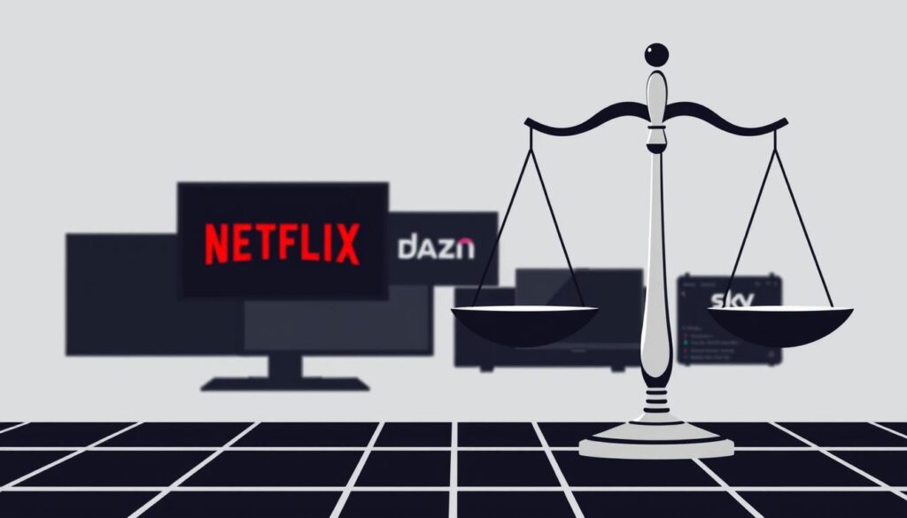 A minimalist, high-contrast illustration depicting the legal aspects of IPTV streaming services. In the foreground, a stylized scales of justice icon, symbolizing the balance between rights and regulations. In the middle ground, simple silhouettes of common streaming apps like Netflix, DAZN, and Sky. The background features a subtle grid or network pattern, hinting at the digital infrastructure that enables these services. The overall mood is sober and informative, encouraging the viewer to consider the legal considerations surrounding IPTV usage.
